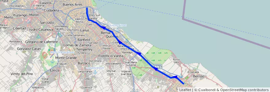 Mapa del recorrido Constitucion-La Plata (vía Quilmes) de la línea Ferrocarril General Roca en 부에노스아이레스주.