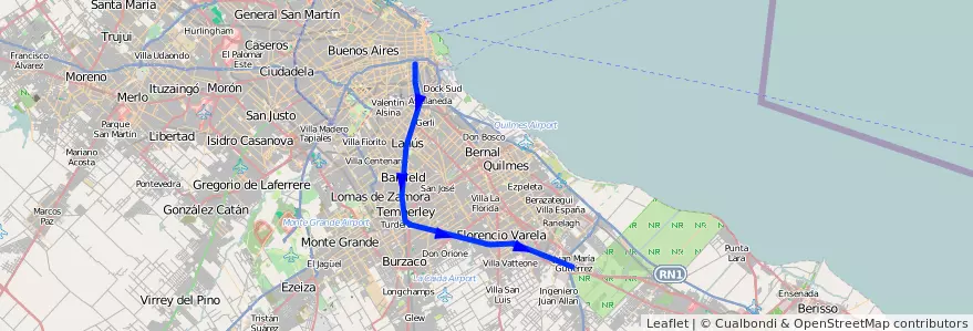 Mapa del recorrido Constitucion-La Plata (via Temperley) de la línea Ferrocarril General Roca en استان بوئنوس آیرس.