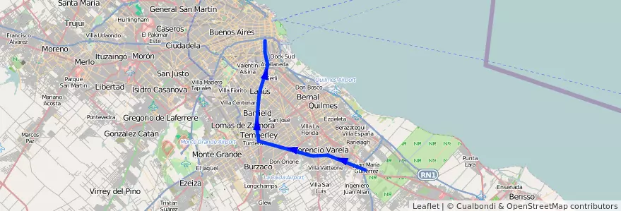 Mapa del recorrido Constitucion-La Plata (via Temperley) de la línea Ferrocarril General Roca en Provincia di Buenos Aires.