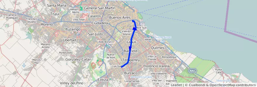 Mapa del recorrido Constitucion-Llavallol de la línea 51 en Argentinië.