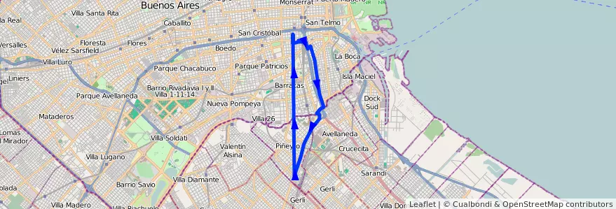 Mapa del recorrido Constitucion-Longchamp de la línea 51 en Arjantin.