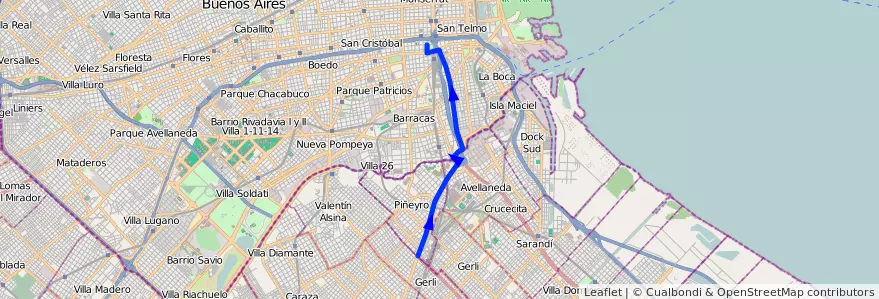 Mapa del recorrido Constitucion-Maximo Pa de la línea 51 en Argentine.
