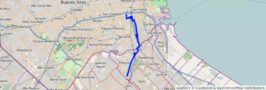 Mapa del recorrido Constitucion-Maximo Pa de la línea 51 en Arjantin.
