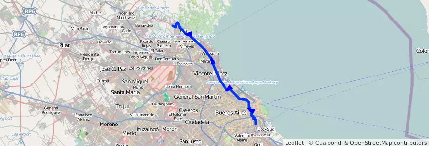 Mapa del recorrido Constitucion-Tigre de la línea 60 en Argentine.