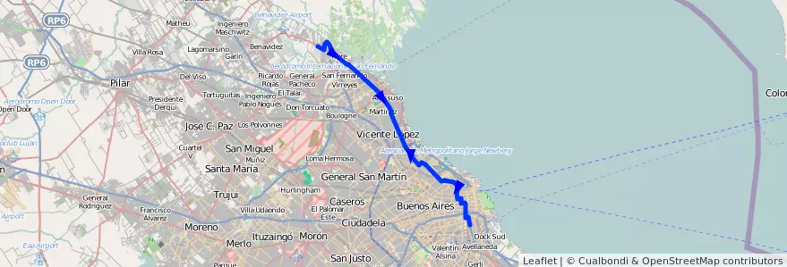 Mapa del recorrido Constitucion-Tigre de la línea 60 en Argentina.