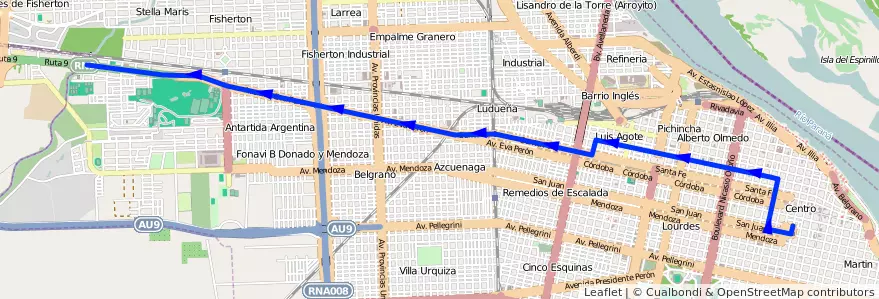 Mapa del recorrido  Córdoba de la línea Las Rosas en Rosário.