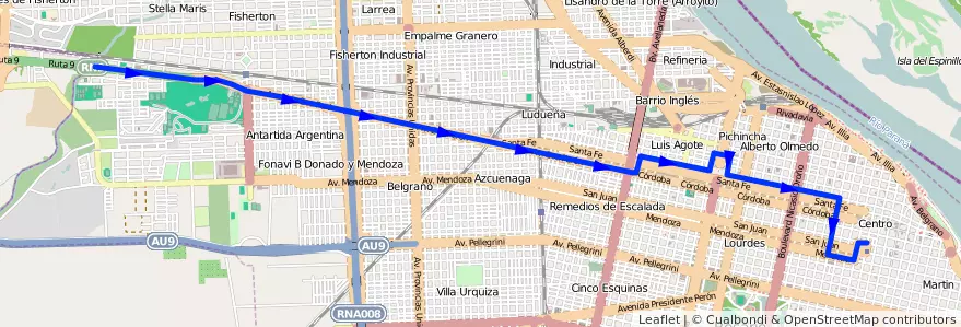 Mapa del recorrido  Córdoba de la línea Las Rosas en Rosario.