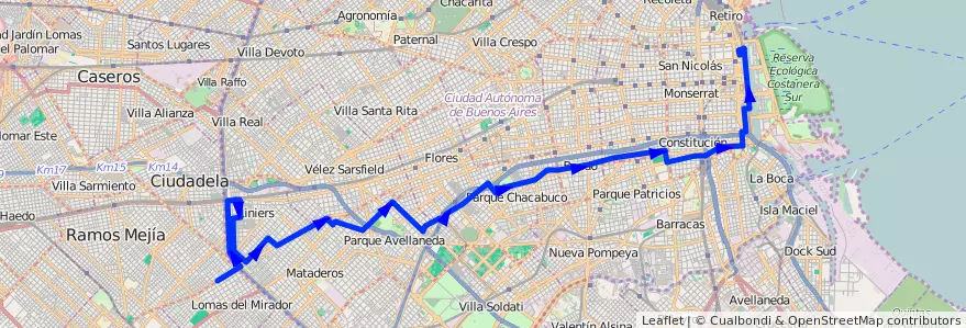 Mapa del recorrido Correo Central de la línea 4 en Ciudad Autónoma de Buenos Aires.