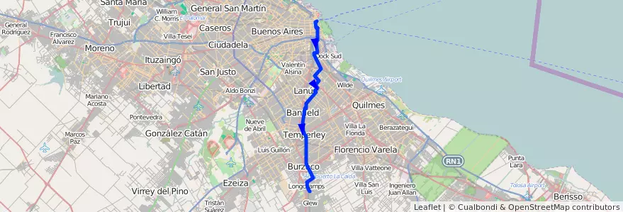 Mapa del recorrido Correo Central-Escalad de la línea 74 en Argentina.