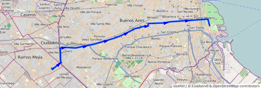 Mapa del recorrido Costanera-La Matanza de la línea 2 en Ciudad Autónoma de Buenos Aires.