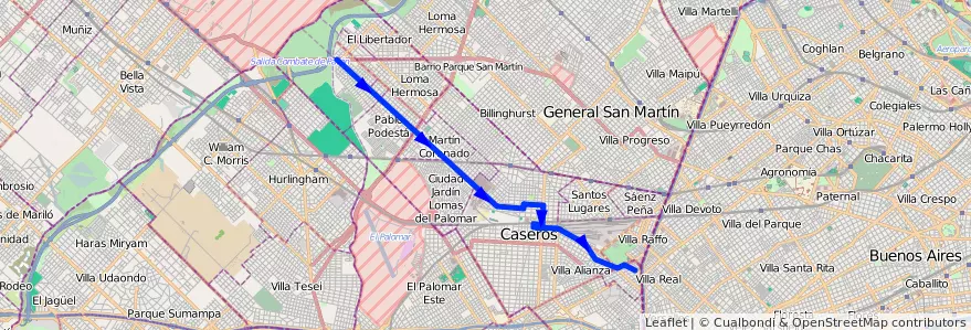 Mapa del recorrido Cpo.de Mayo-Ciudadela de la línea 237 en Partido de Tres de Febrero.