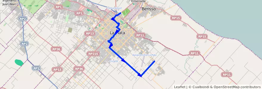 Mapa del recorrido D de la línea 307 en Partido de La Plata.