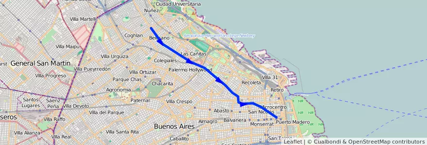 Mapa del recorrido D de la línea Subte en Ciudad Autónoma de Buenos Aires.