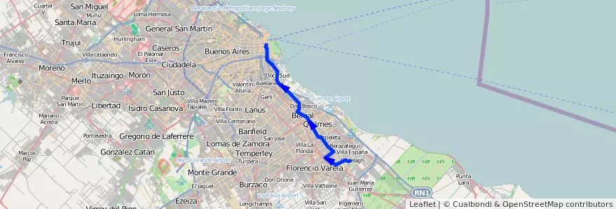 Mapa del recorrido Dif.Correo-Ranelagh de la línea 159 en Provincia di Buenos Aires.