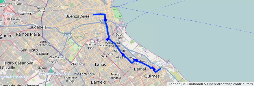 Mapa del recorrido Dif.Once-Quilmes de la línea 98 en Argentina.