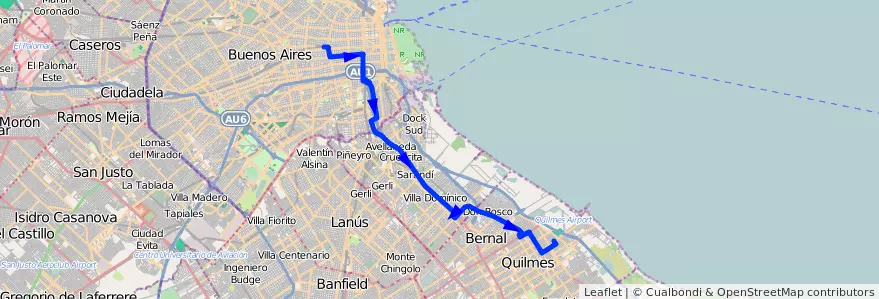 Mapa del recorrido Dif.Once-Quilmes de la línea 98 en Argentine.