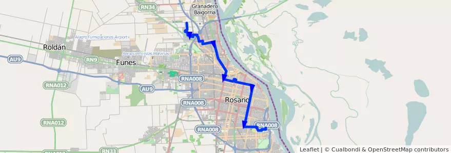 Mapa del recorrido  Distrito Sur de la línea 107 en Rosario.