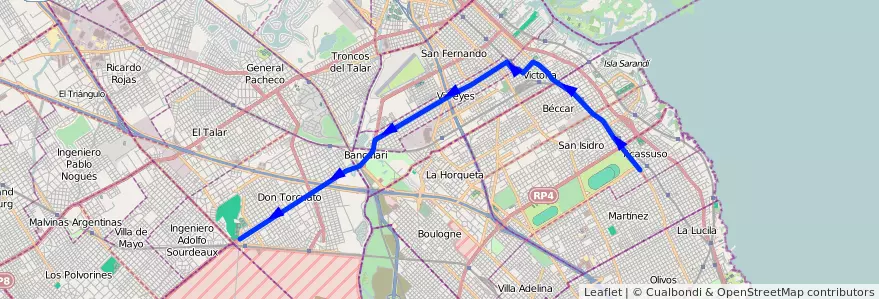 Mapa del recorrido Don Torcuato-Acassuso de la línea 371 en Буэнос-Айрес.