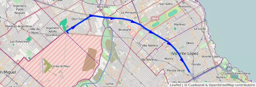 Mapa del recorrido Don Torcuato-Vte.Lope de la línea 371 en Buenos Aires.