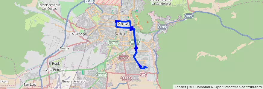 Mapa del recorrido E de la línea Corredor 2 en Salta.