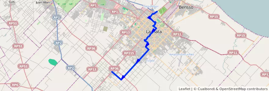 Mapa del recorrido E de la línea 307 en Partido de La Plata.