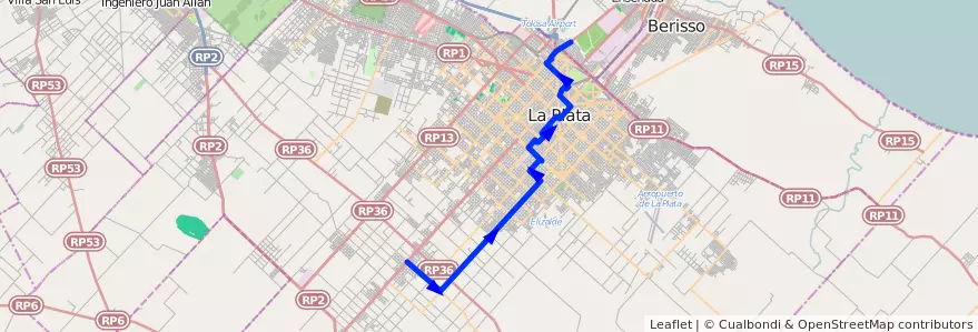 Mapa del recorrido E de la línea 307 en Partido de La Plata.