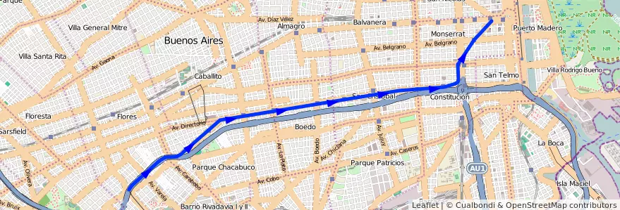 Mapa del recorrido E de la línea Subte en Буэнос-Айрес.