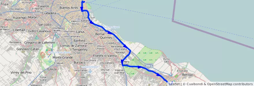 Mapa del recorrido E x Centenario de la línea 129 (plaza) en Province de Buenos Aires.