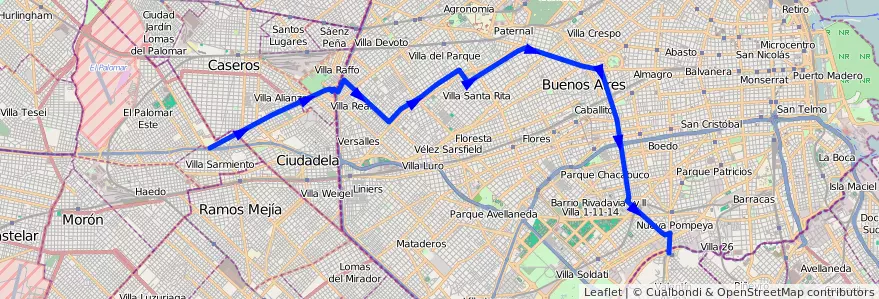 Mapa del recorrido El Palomar-Pte.Uribur de la línea 135 en 阿根廷.