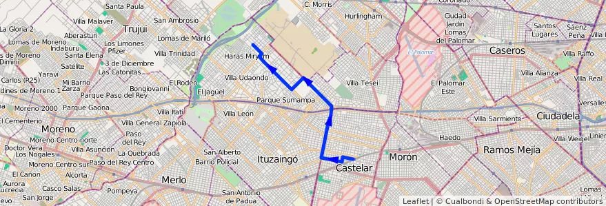 Mapa del recorrido Est.Castelar-Udaondo de la línea 441 en Буэнос-Айрес.