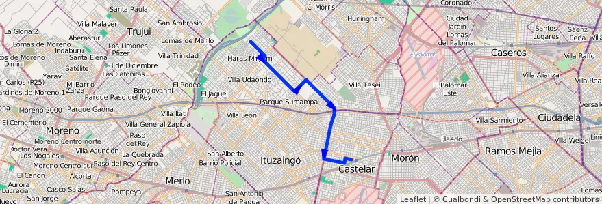 Mapa del recorrido Est.Castelar-Udaondo de la línea 441 en Province de Buenos Aires.