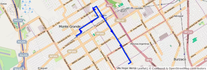Mapa del recorrido Est.M.Grande-Burzaco de la línea 245 en Partido de Esteban Echeverría.