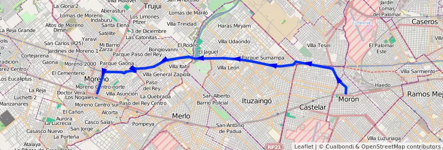 Mapa del recorrido Est.Moreno-Est.Moron de la línea 302 en 布宜诺斯艾利斯省.
