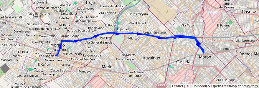 Mapa del recorrido Est.Moreno-Est.Moron de la línea 302 en 布宜诺斯艾利斯省.