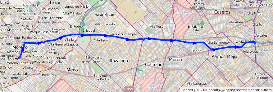 Mapa del recorrido Est.Moreno-Liniers de la línea 302 en 布宜诺斯艾利斯省.
