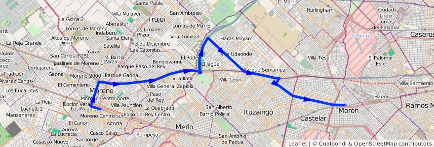 Mapa del recorrido Est.Moron-Las Catonas de la línea 269 en Provincia di Buenos Aires.