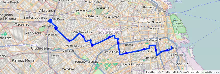 Mapa del recorrido Est.Saenz Pena-La Boca de la línea 25 en Autonomous City of Buenos Aires.
