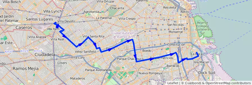 Mapa del recorrido Est.Saenz Pena-La Boca de la línea 25 en Ciudad Autónoma de Buenos Aires.