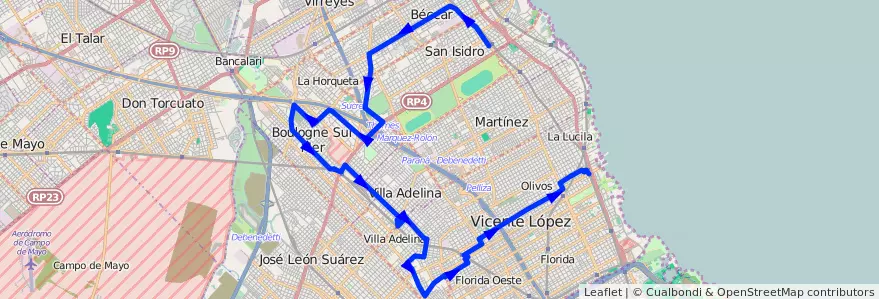 Mapa del recorrido Est.San Isidro-Olivos de la línea 333 en Provincia di Buenos Aires.