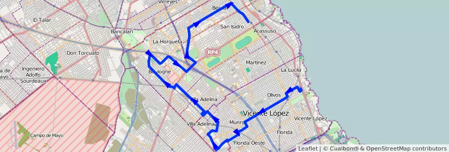 Mapa del recorrido Est.San Isidro-Olivos de la línea 333 en استان بوئنوس آیرس.
