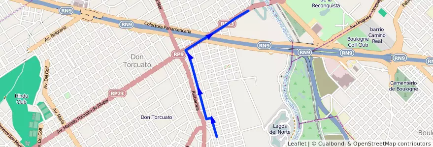 Mapa del recorrido Est.Virreyes-B.Aviaci de la línea 371 en Don Torcuato.