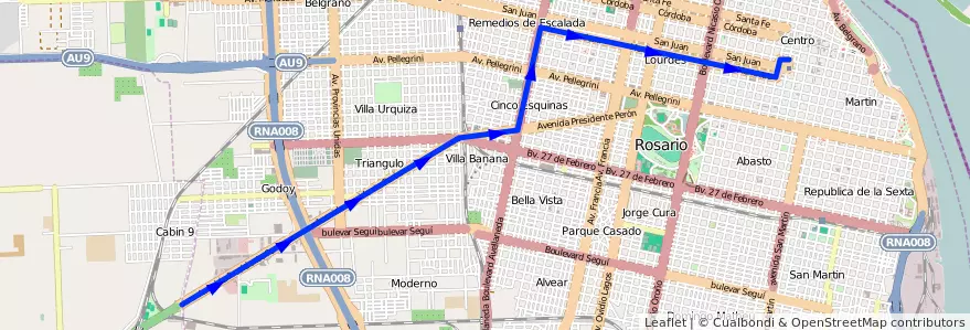 Mapa del recorrido etropolitana de la línea M en Rosário.