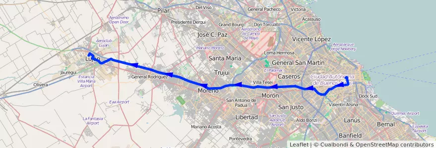Mapa del recorrido Expreso Once Lujan de la línea 57 en Argentina.