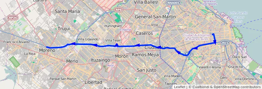 Mapa del recorrido Expreso Once Moreno de la línea 57 en Argentina.