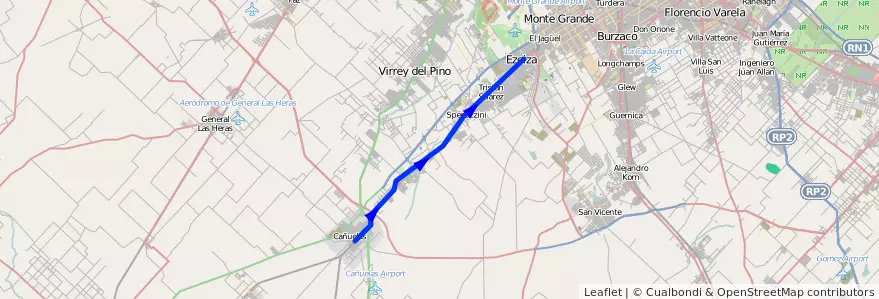 Mapa del recorrido Ezeiza-Canuelas de la línea Ferrocarril General Roca en 부에노스아이레스주.