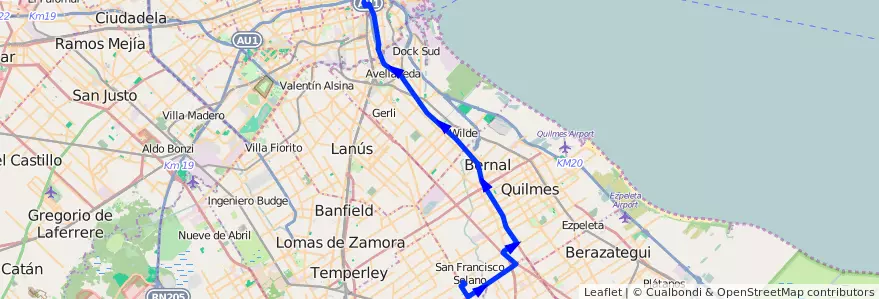 Mapa del recorrido F Constitucion-Solano de la línea 148 en Buenos Aires.