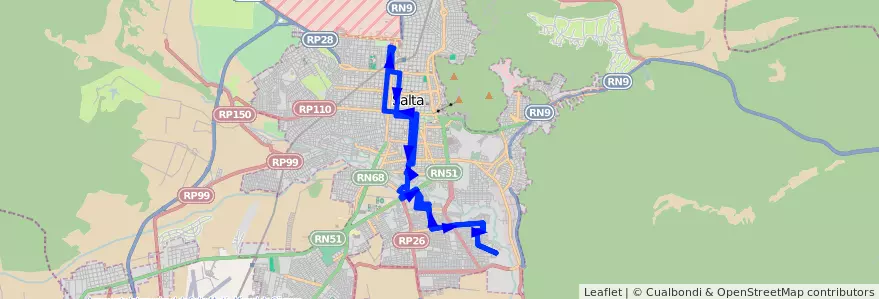 Mapa del recorrido F de la línea Corredor 2 en Salta.