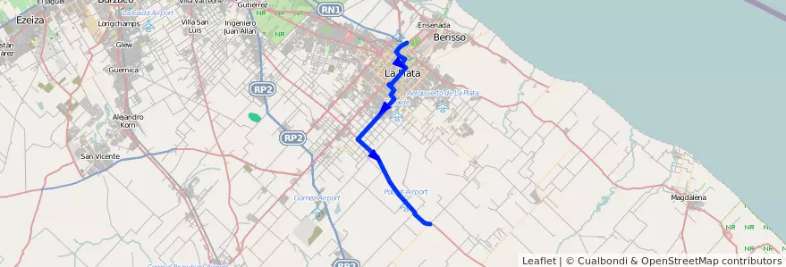Mapa del recorrido F de la línea 307 en Partido de La Plata.