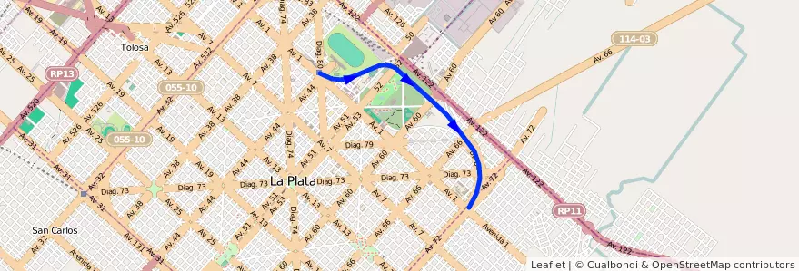 Mapa del recorrido Facultades de la línea Tren Universitario en La Plata.