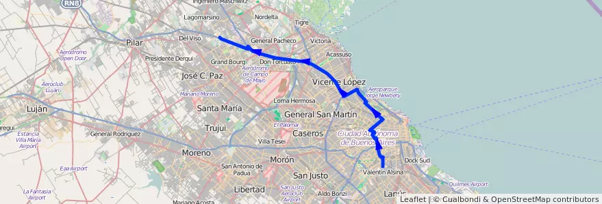 Mapa del recorrido Fonavi de la línea 15 en Argentina.